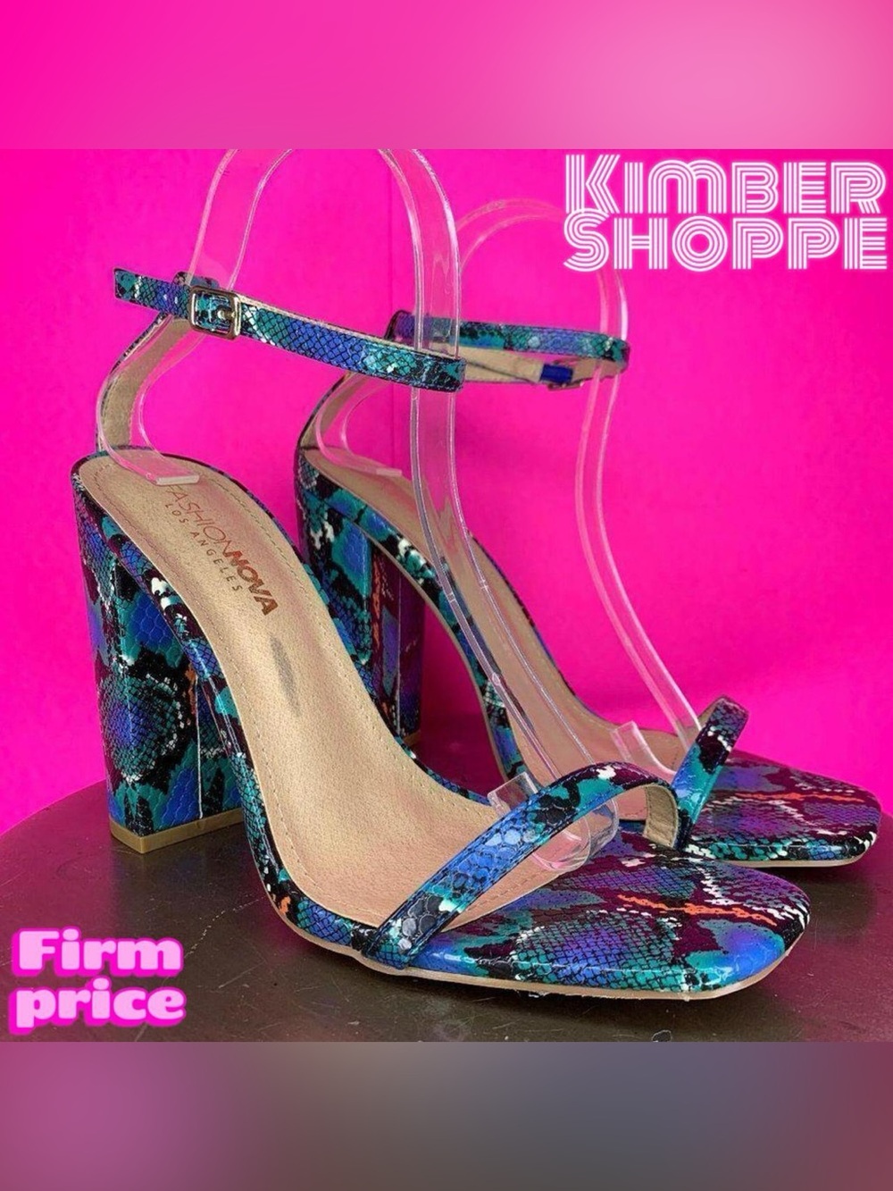 Fashion Nova Blue Snake Print Open Toe Block Heel Sandals US 10